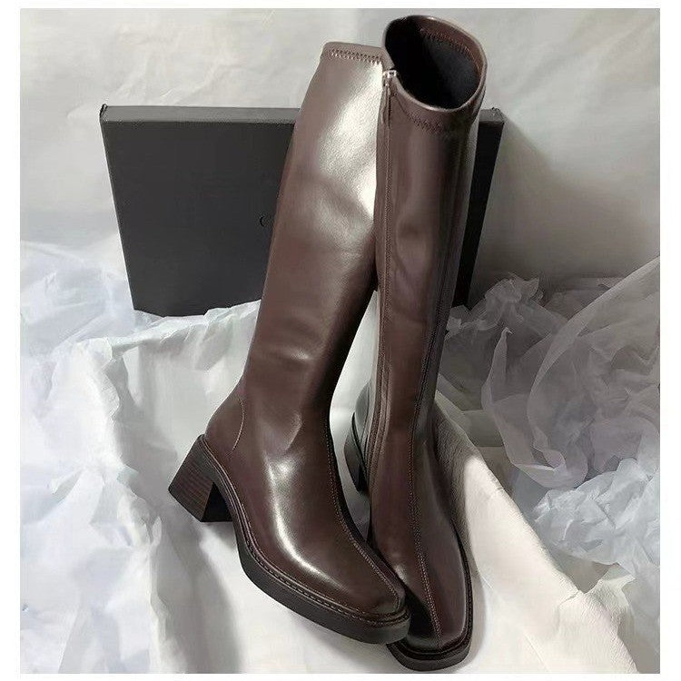 Chunky-Heeled Fashionable Square-Toe Over-the-Knee Boots