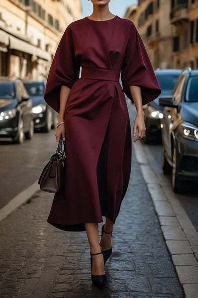 Robe ample à manches chauve-souris, robe élégante unie cintrée à la taille pour femme