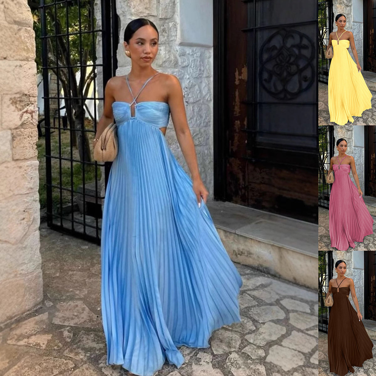 Robe bustier plissée sans manches à bretelles