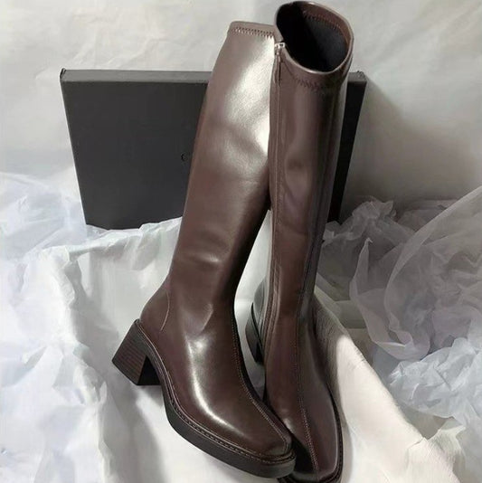 Chunky-Heeled Fashionable Square-Toe Over-the-Knee Boots