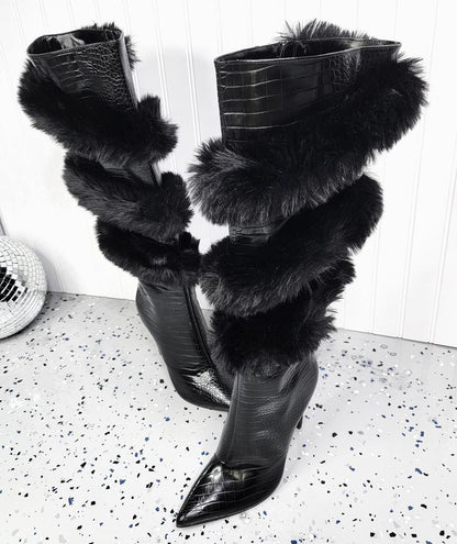 Bottes à talons aiguilles à bout pointu bordées de laine, tendance pour le commerce extérieur